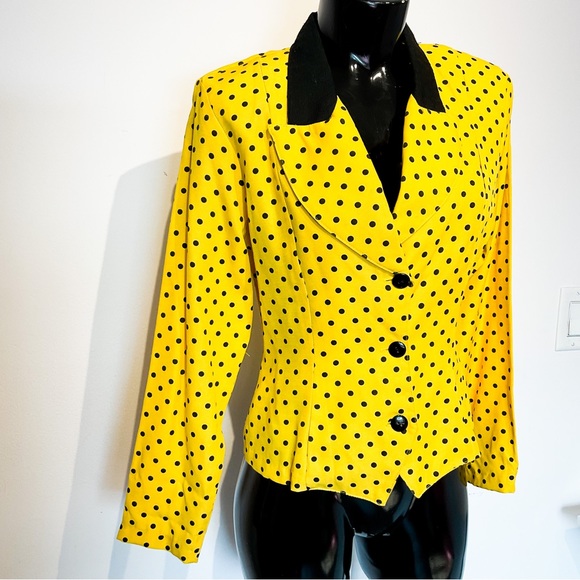 Vintage Tops - Fabulous 80s VINTAGE Yellow & Black Polka Dot Button Up Long Sleeve Top